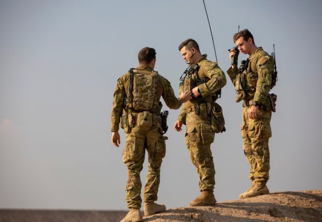 Australian soldiers conduct radio checks at the Taji Military Complex, Iraq.