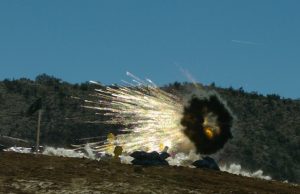 A series of 30mm airburst cartridges fired from the 30mm Bushmaster chain gun