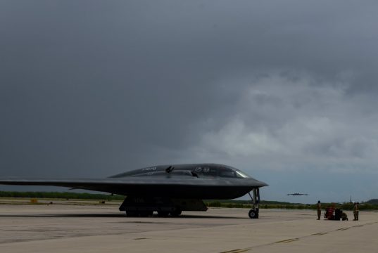 A B-2 Spirit Stealth Bomber arrives at Naval Support Facility Diego Garcia, Aug. 12, 2020.