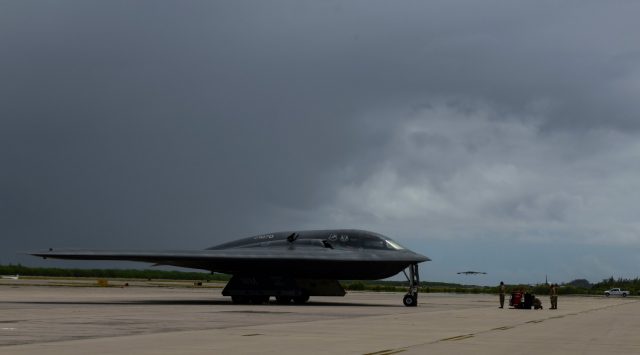 A B-2 Spirit Stealth Bomber arrives at Naval Support Facility Diego Garcia, Aug. 12, 2020.