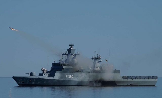 German Navy K130 corvette firing RBS-15 anti-ship missile