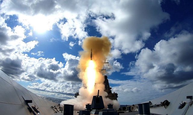 HMAS Hobart firing a RIM-66 Standard Missile 2 (SM2)