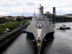 USS Jackson (LCS 6) arrives at the Portland riverfront for Rose Festival Fleet Week