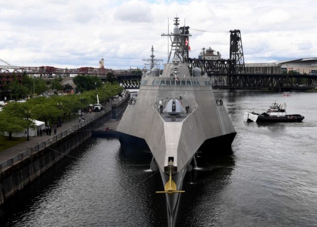 USS Jackson (LCS 6) arrives at the Portland riverfront for Rose Festival Fleet Week