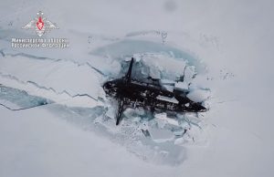 Russian submarine surfacing in the Arctic