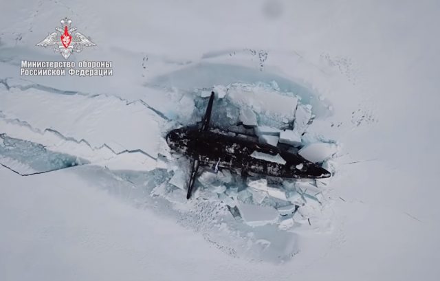Russian submarine surfacing in the Arctic