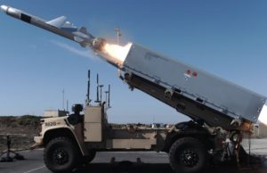 Oskosh Defense-built ROGUE Fires JLTV firing a Naval Strike Missile in California