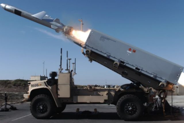Oskosh Defense-built ROGUE Fires JLTV firing a Naval Strike Missile in California