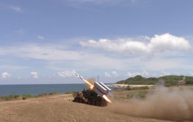 US Army firing a Naval Strike Missile from a Palletized Load System truck