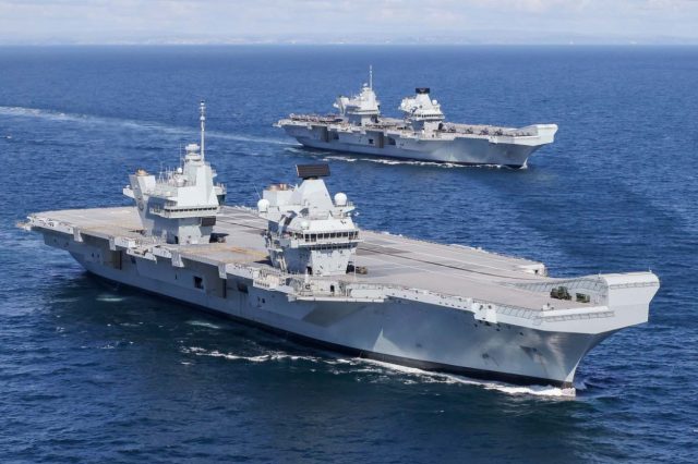 Two Royal Navy aircraft carriers at sea together