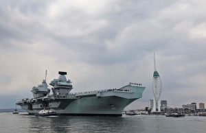 HMS Queen Elizabeth departing Portsmouth on May 1, 2021