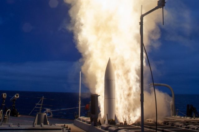 USS John Paul Jones (DDG 53) launches a Standard Missile 6 (SM-6) during a live-fire test of the ship's aegis weapons system