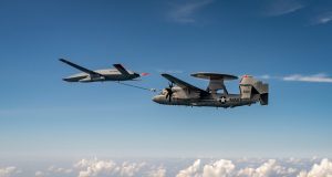 The unmanned MQ-25 Stingray test asset conducts its first aerial refueling flight with an E-2D Aug.18 at MidAmerica Airport in Illinois.