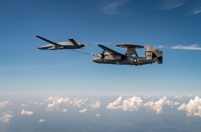 The unmanned MQ-25 Stingray test asset conducts its first aerial refueling flight with an E-2D Aug.18 at MidAmerica Airport in Illinois.