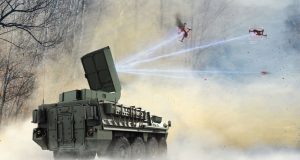Stryker vehicle with Leonidas counter-drone laser system