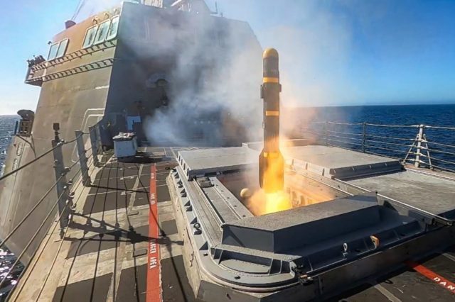 Longbow Hellfire launched from LCS Surface-To-Surface Missile Module (SSMM)