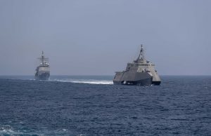 LCS and Ticonderoga-class cruiser underway together