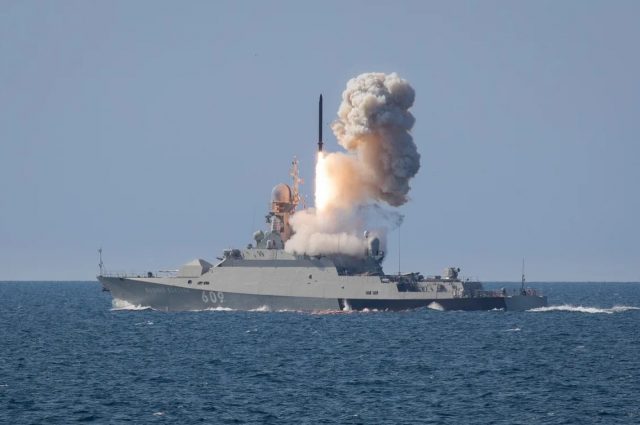 Russian corvette launching Kalibr cruise missile