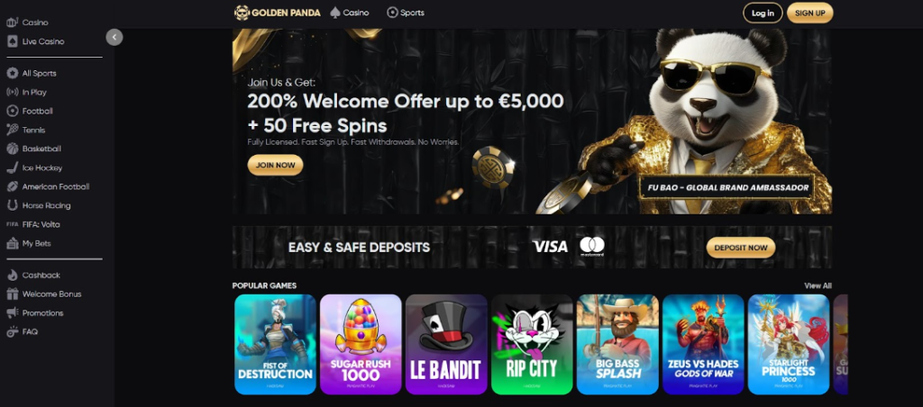 Golden Panda homepage promoting fast sign-up and withdrawals. golden panda best online casino for USA Players homepage screenshot