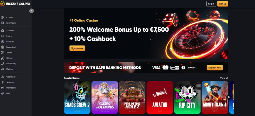Featured bonus offer with sign-up call to action on Instant Casino. instant casino homepage screenshot